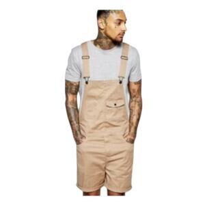 ASOS Khaki Tan Short Overalls Romper Utility Bib‎ Front Pocket Men's Size W34"